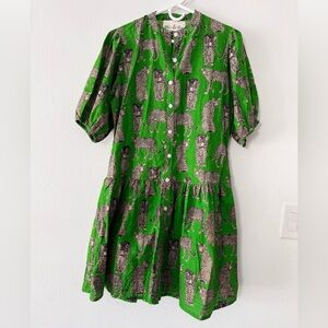 Fox & Hen Green Cheetah Dress  Button Front with Pockets